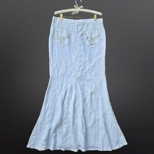 Y2K Bebe Maxi Fishtail Mermaid Skirt White Linen Womens Size 10 Rhinestones
